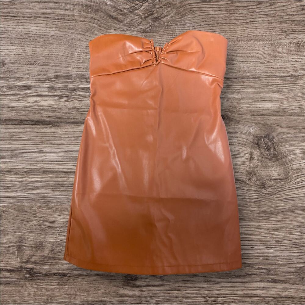 New Kirious Los Angeles Women's Large Brown Strapless Faux Leather Mini Dress